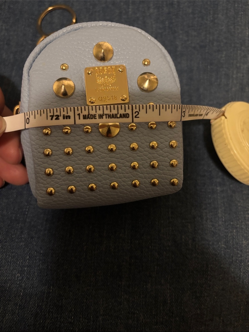 Light Blue Studded Mini Keychain Backpack Bag with Gold Hardware - Picture 10 of 11
